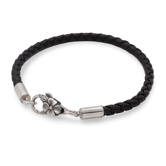 Schwarzes Lederarmband mit Sterling Silber Hibiskus-Elementen, handgefertigter Herrenschmuck